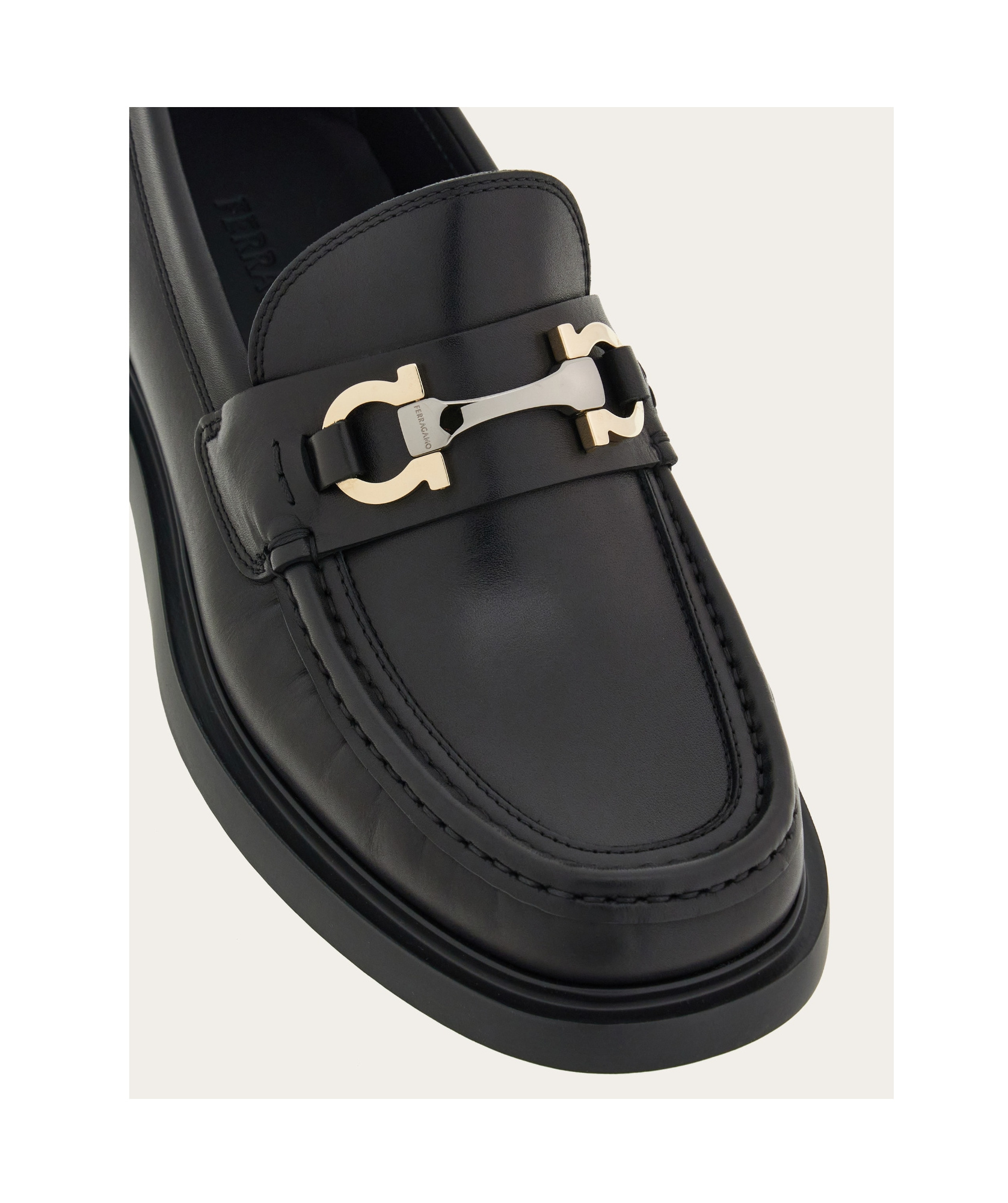 Ferragamo Leather Loafer With Gancini Metal Detail In Black