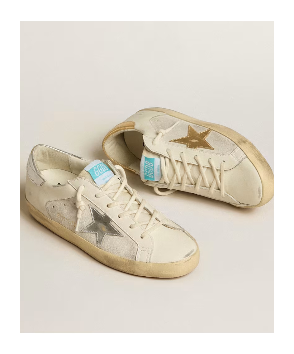 Golden Goose Super-star In White Leather And Suede With Silver And Gold Leather Star In Neutral