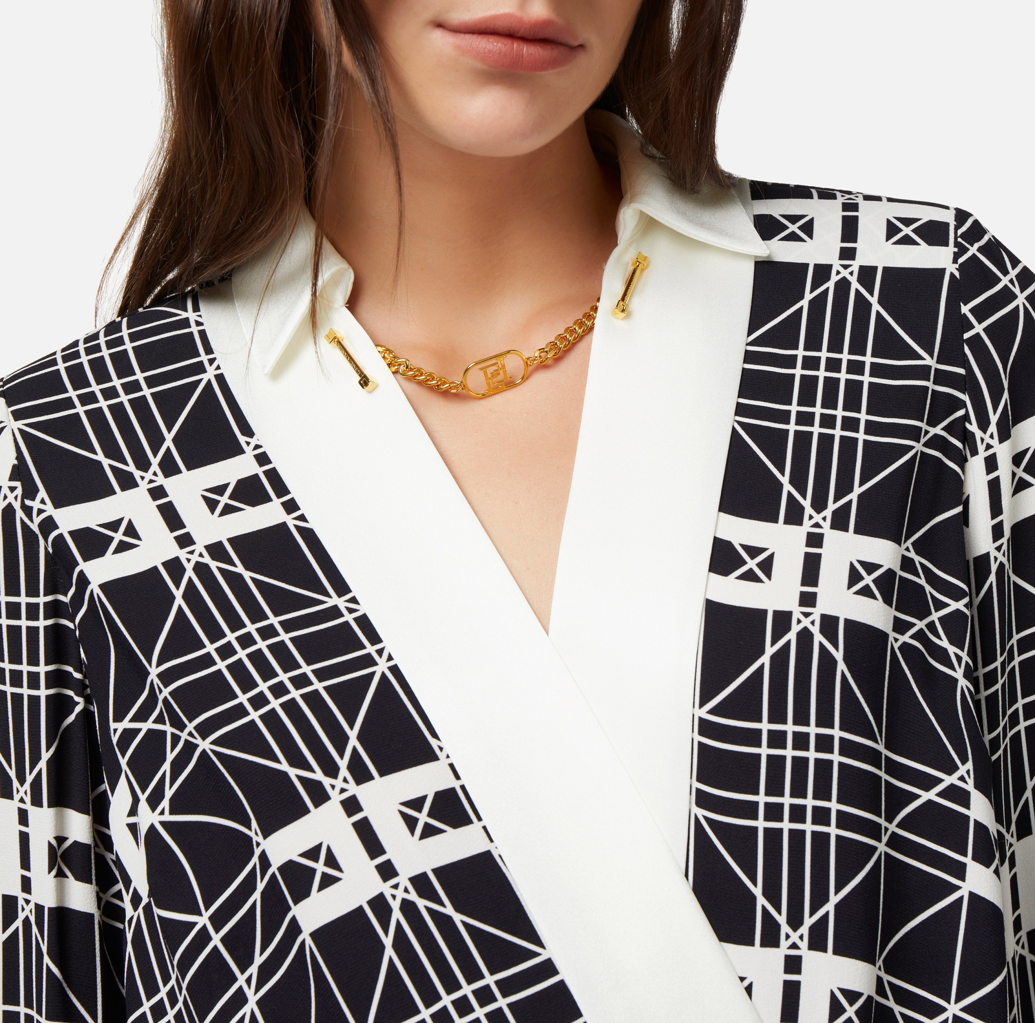 Elisabetta Franchi Wrap V-neck Geometric Long Sleeve Shirt In Black