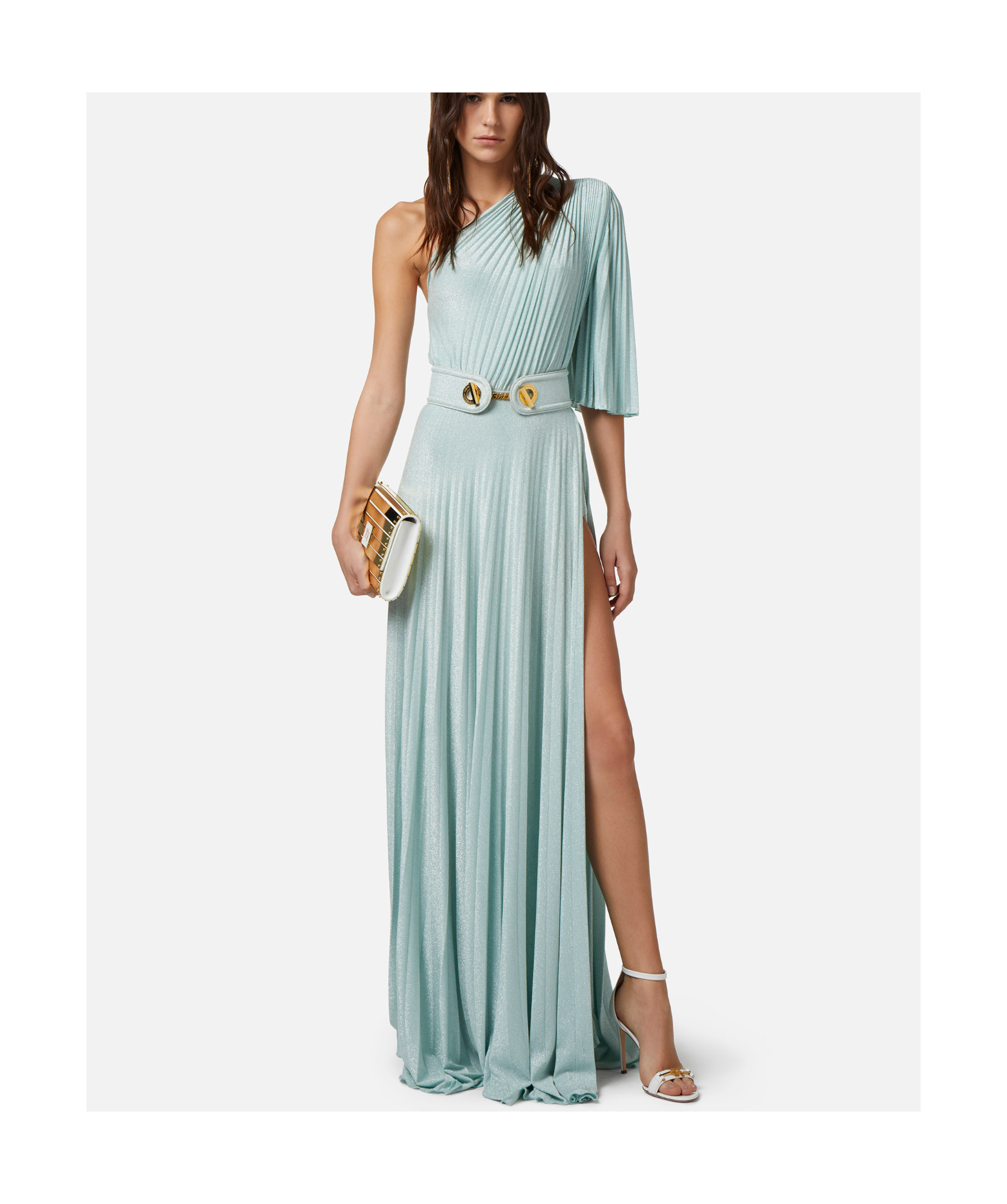 Shop Elisabetta Franchi Asymmetrical Pleated Long Dress