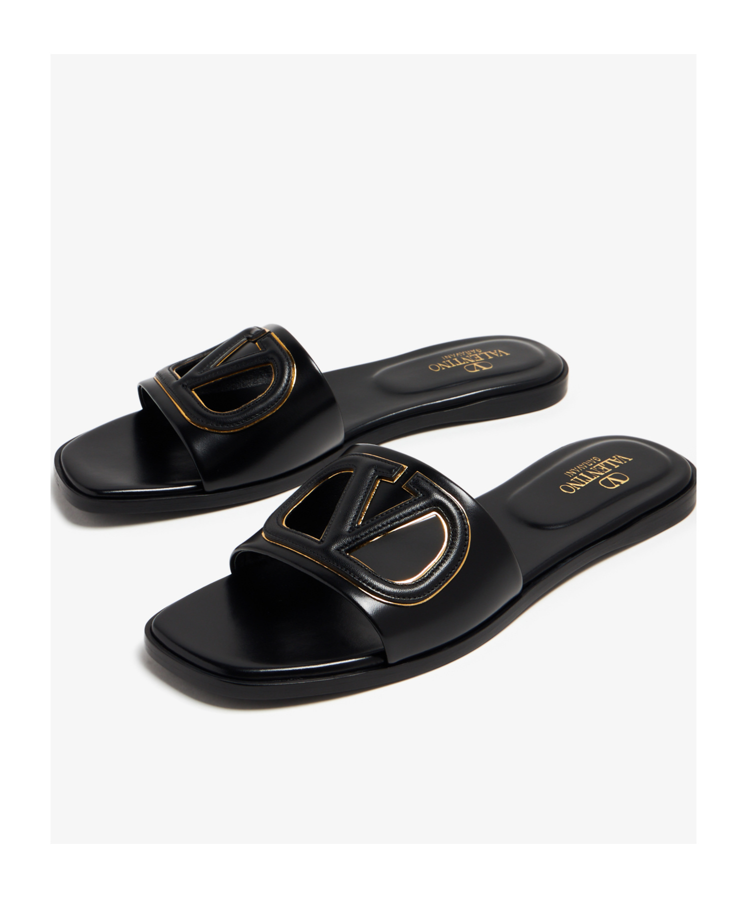 Valentino Black Vlogo Cut-out Calfskin Slide Sandals In Black