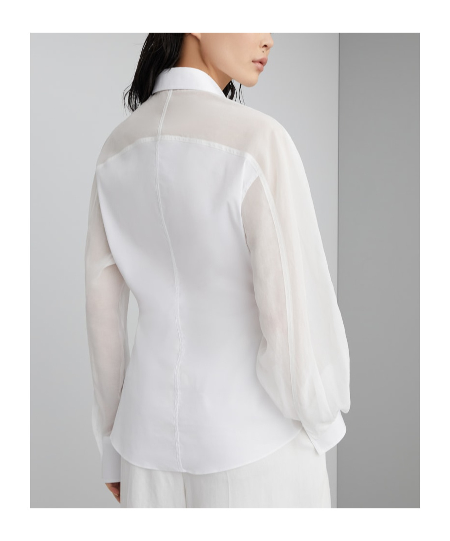 Brunello Cucinelli Stunning White Stretch Cotton Poplin Shirt With Light Knit Sleeves And Necklace In White