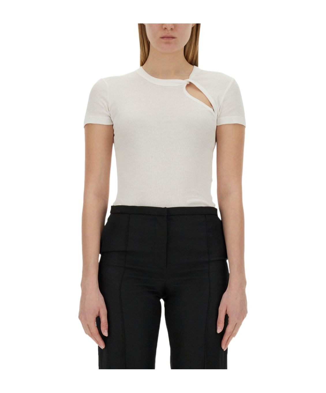 Helmut Lang Asymmetrical Slash Short Sleeved Top In Black