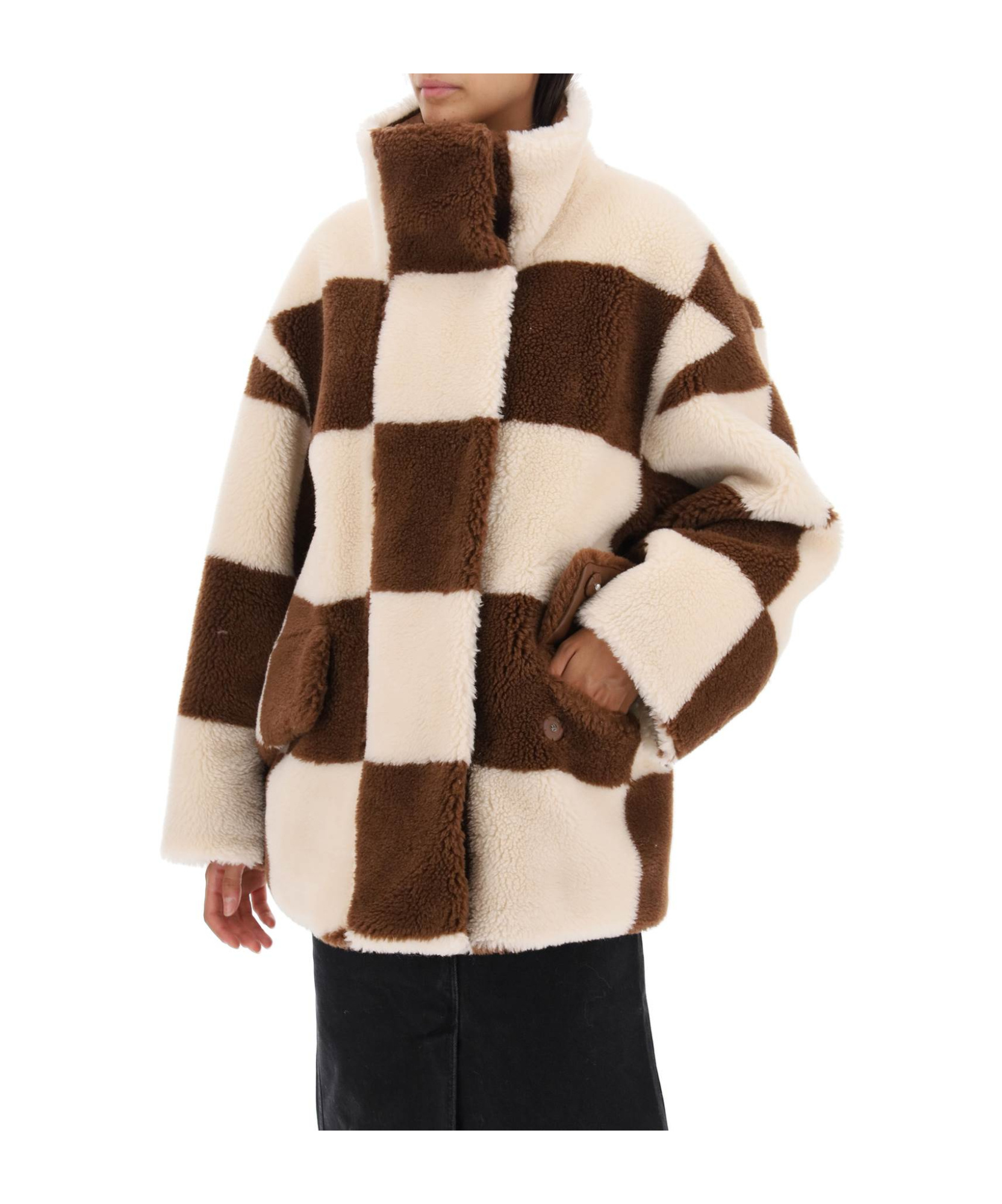 STAND STUDIO DANI CHECKERBOARD-PATTERN FAUX-FUR JACKET