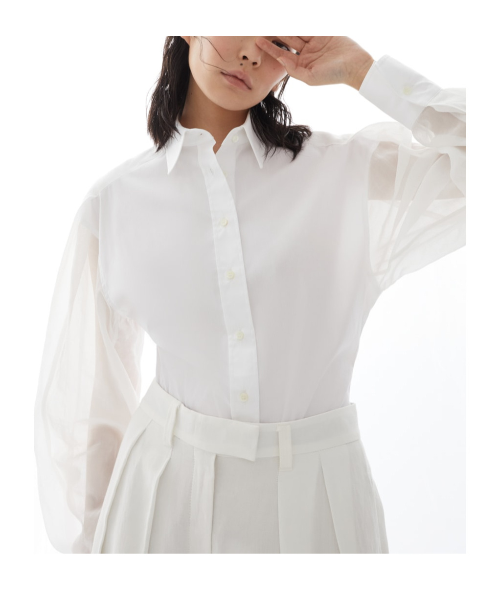 Brunello Cucinelli Stunning White Stretch Cotton Poplin Shirt With Light Knit Sleeves And Necklace In White