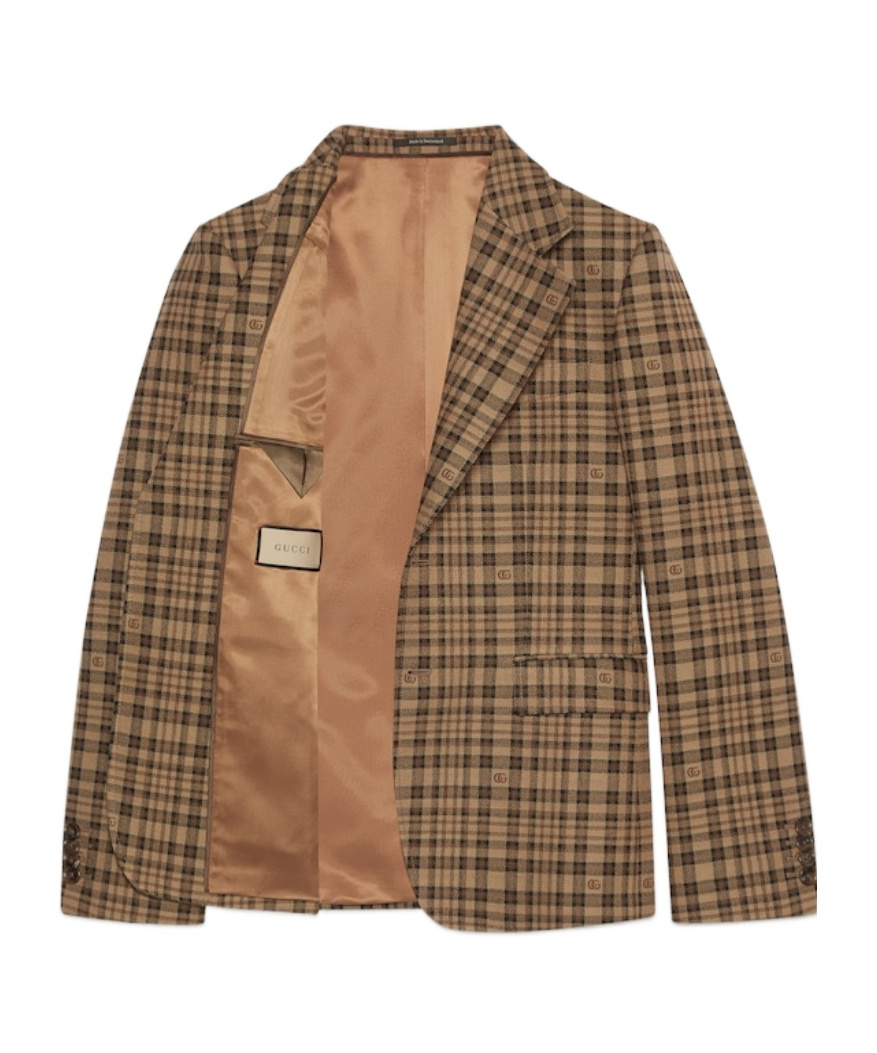 Gucci Double G Check-pattern Wool Blazer In Brown