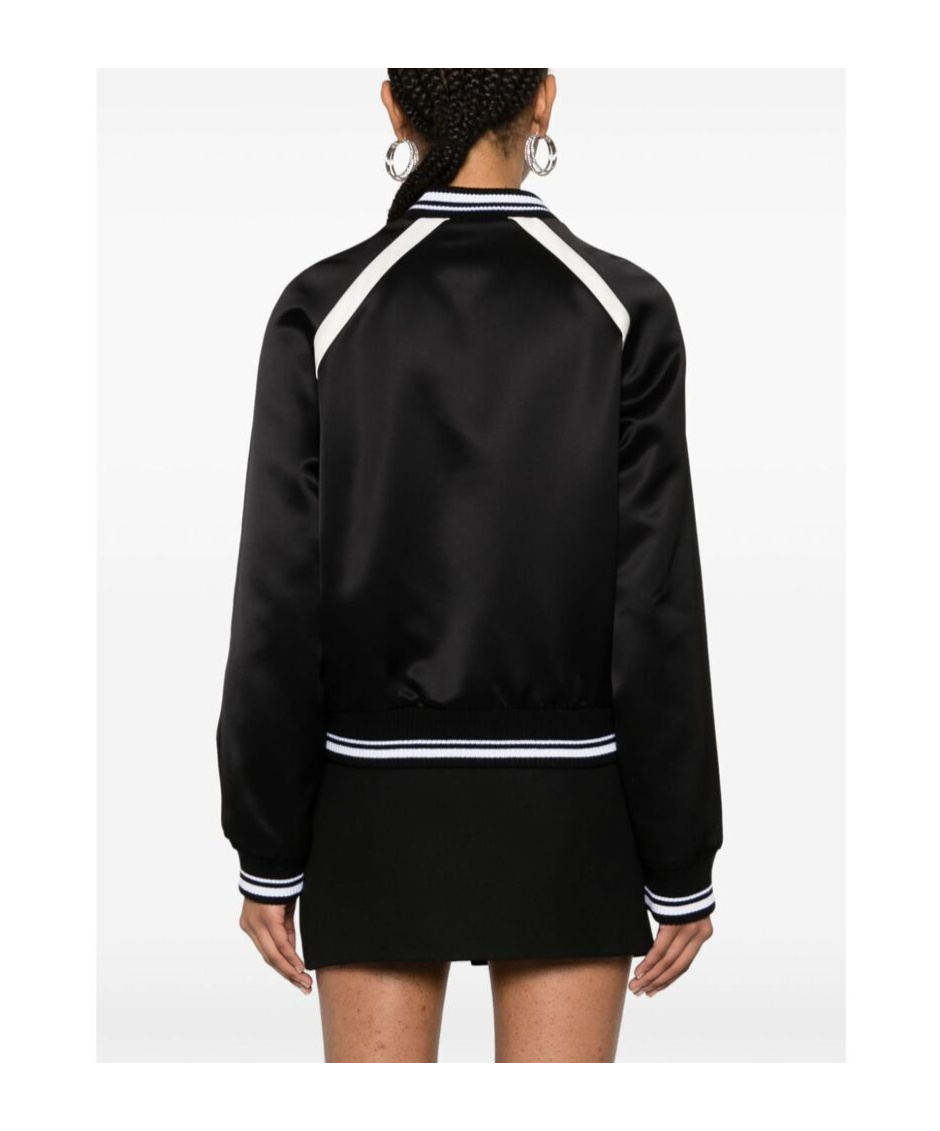Alessandra Rich Satin Bomber Jacket With Logo Patch In Black
