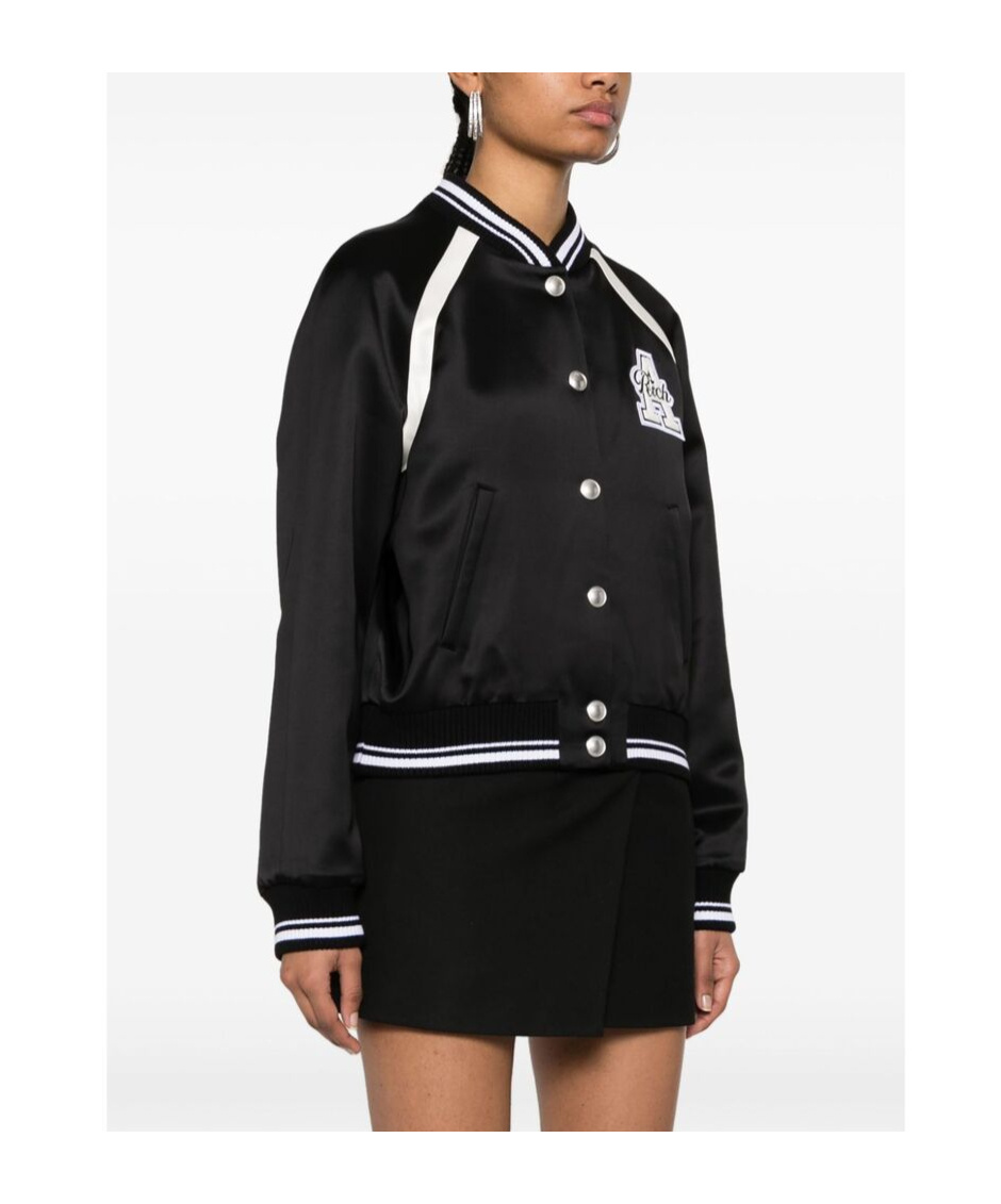 Alessandra Rich Satin Bomber Jacket With Logo Patch In Black