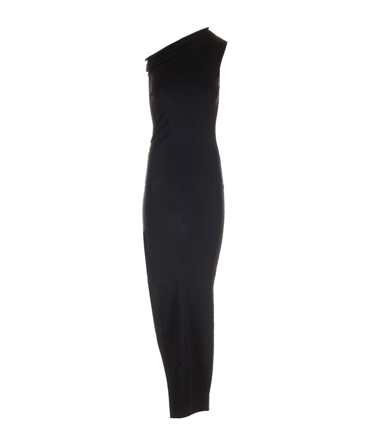 Rick Owens Athena Long Black Ribbed One Shoulder Dress In Wool In Black