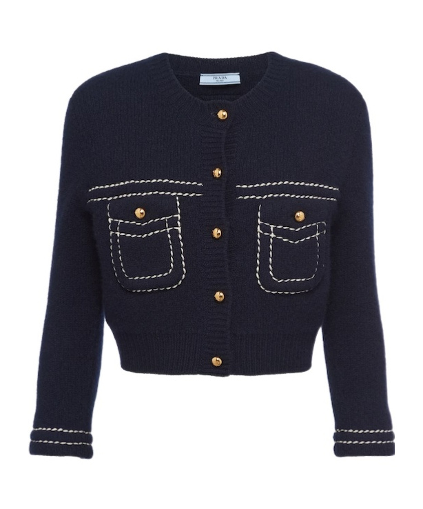 Prada Impunture Cropped Cashmere Cardigan In Blue