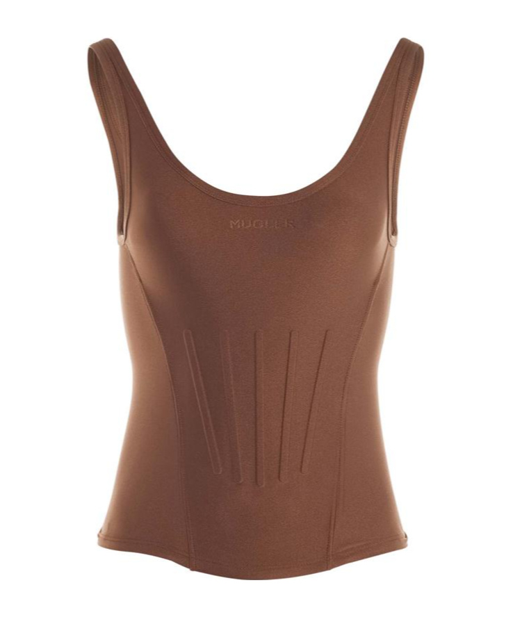Mugler Embossed-logo Corset-style Top In Brown