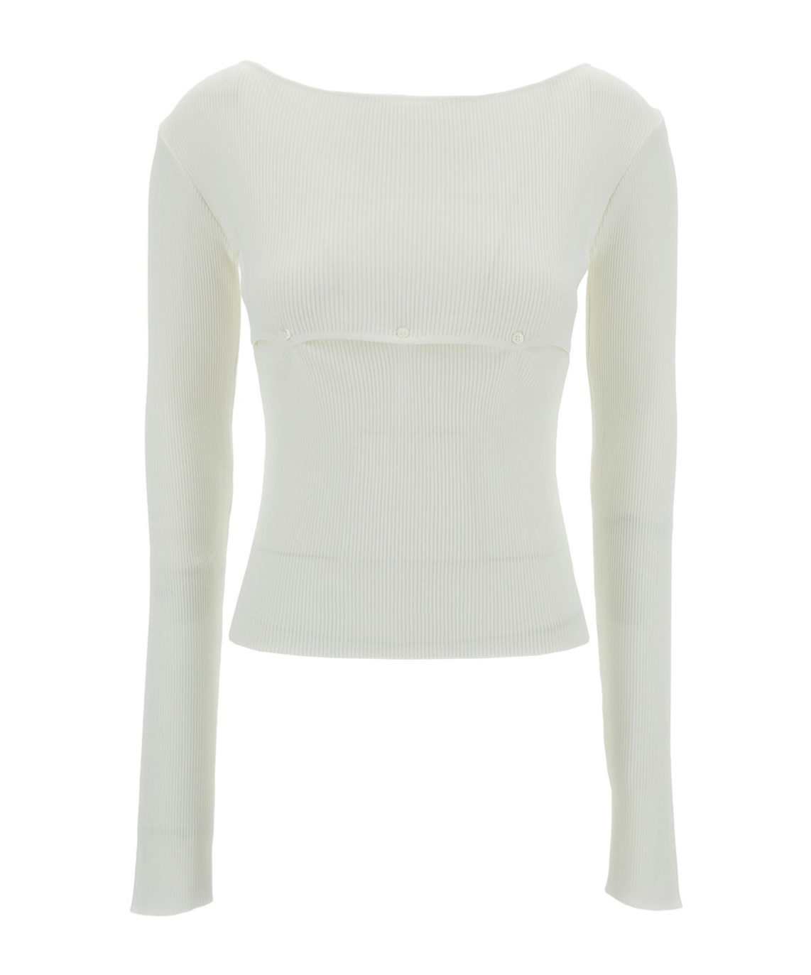 Low Classic White Ribbed Top With Boat Neckline And Buttons In Rayon Blend Woman In White