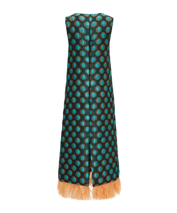La Doublej Jacquard Column Dress With Feather Trim In Green