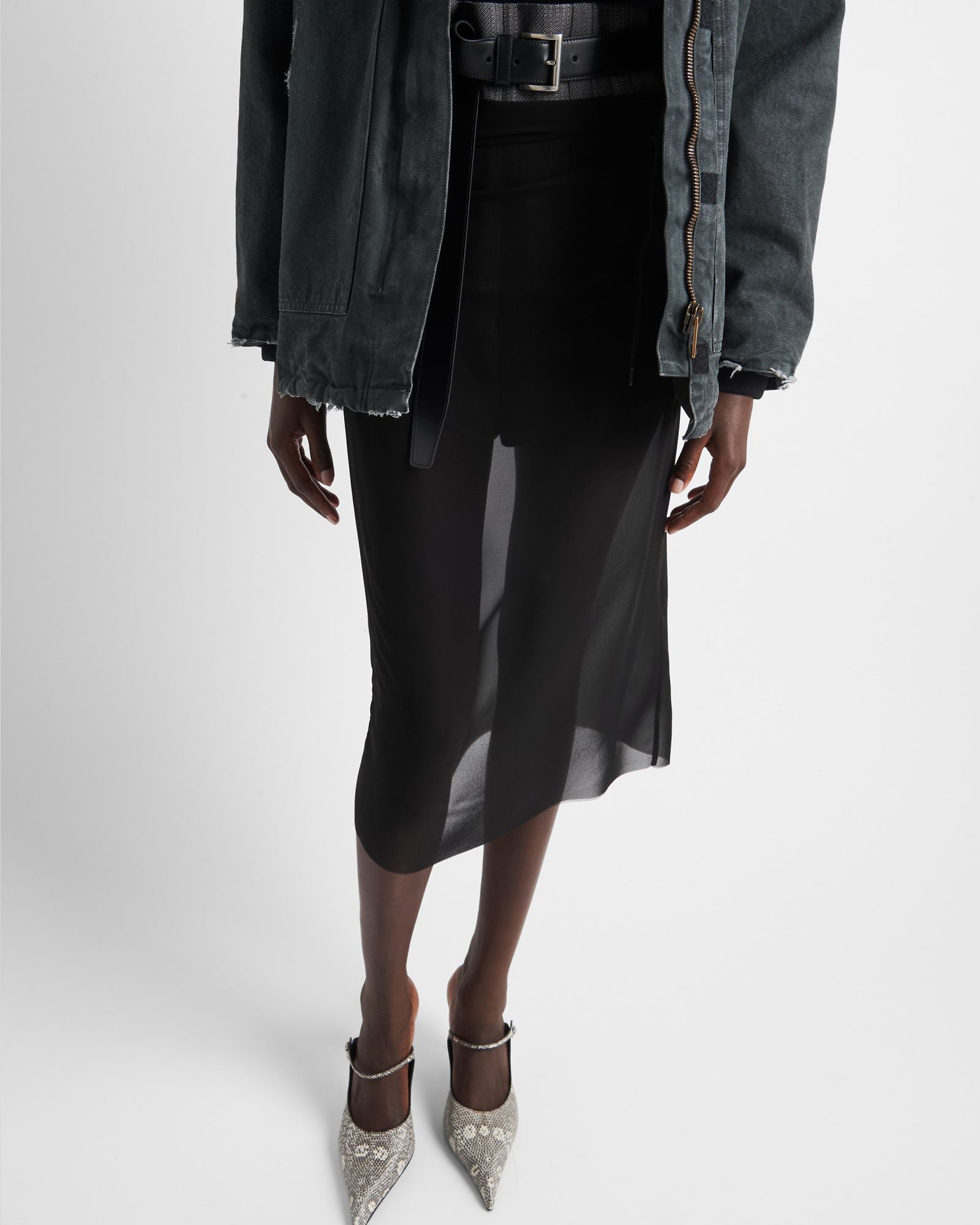 Prada Black Georgette Midi Skirt In Black