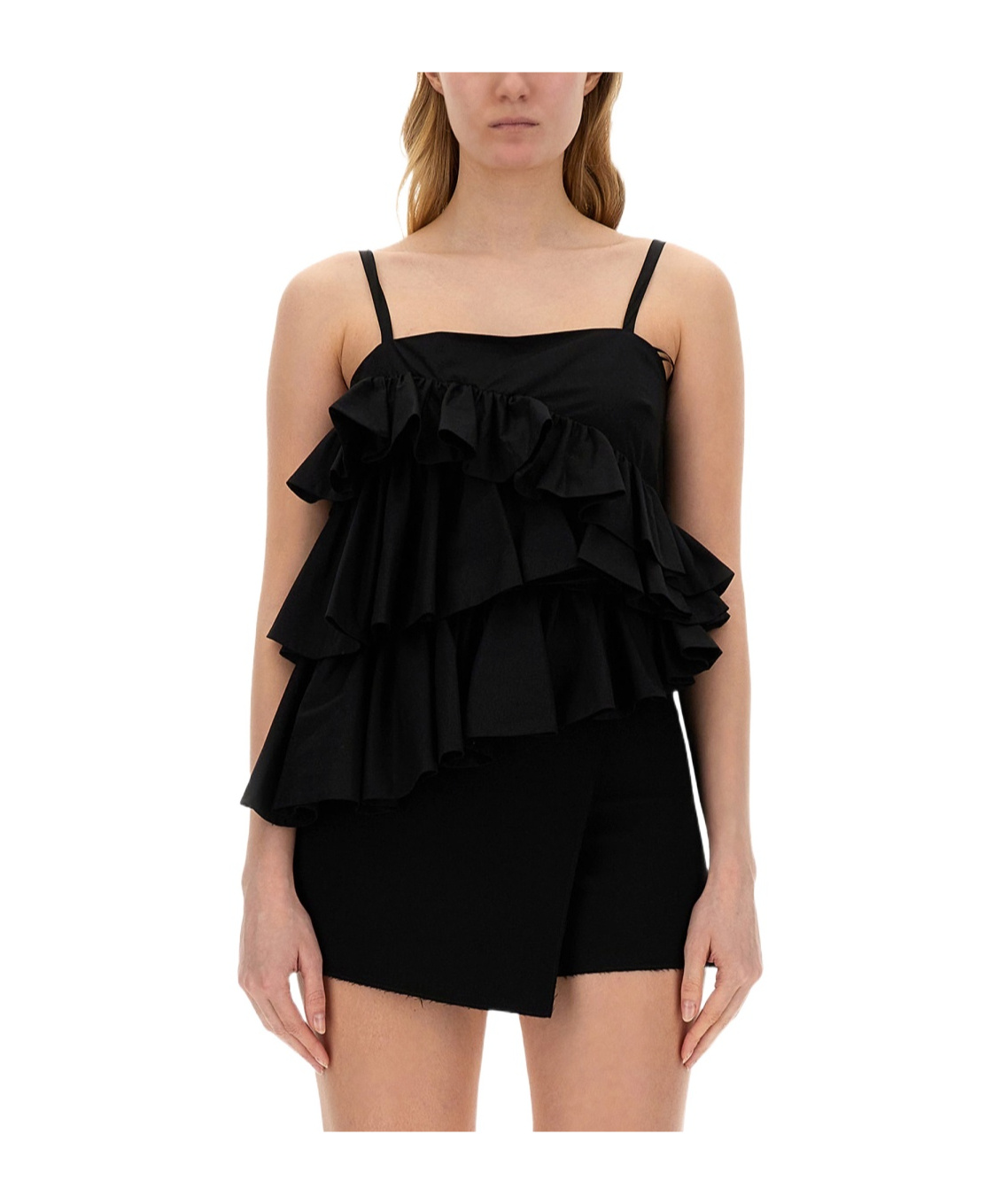 Msgm Ruches Tops With Asymmetric Hem And Ruffle In Black