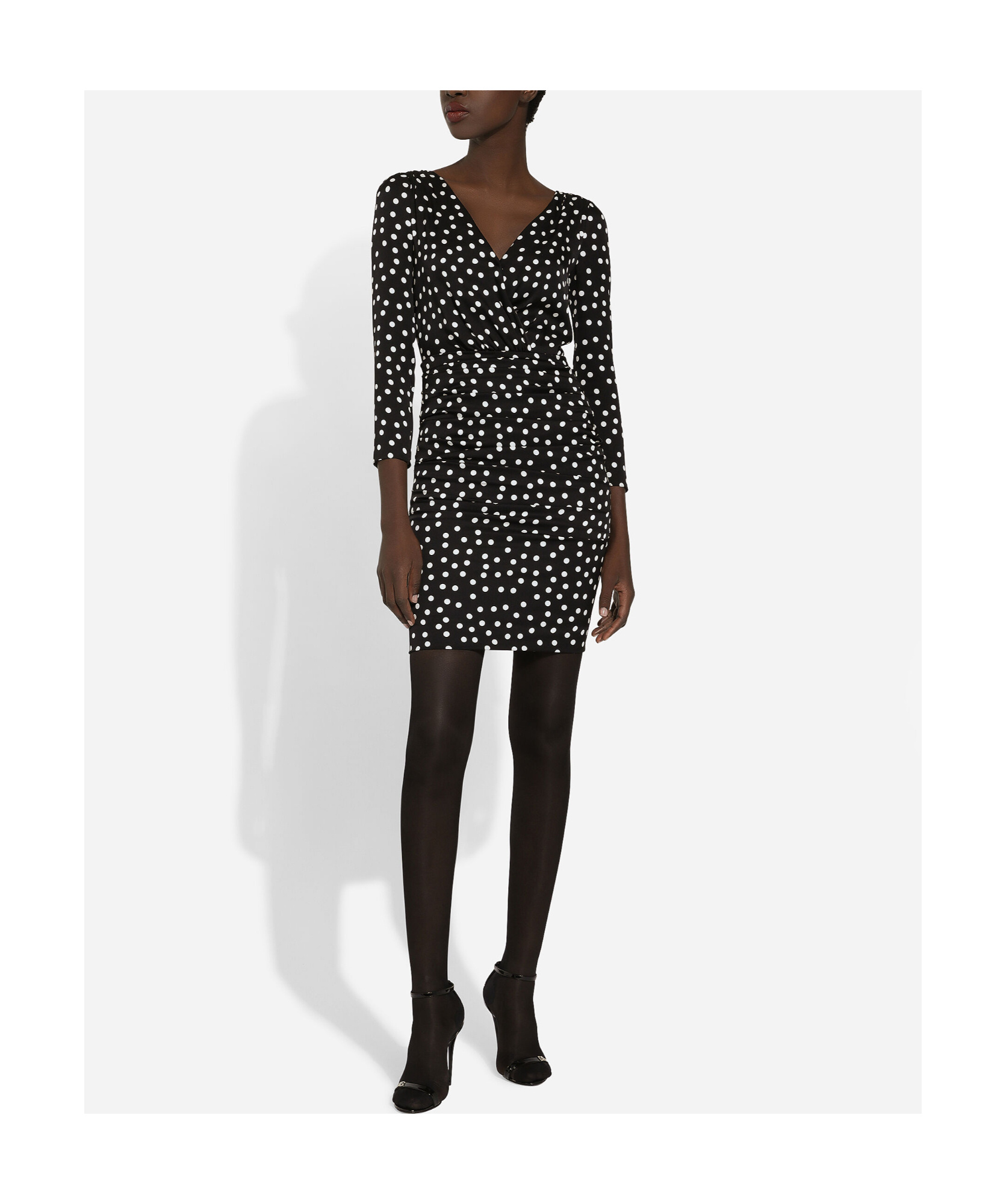 Dolce & Gabbana Polka Dot-printed Plunging V-neck Mini Dress In Black