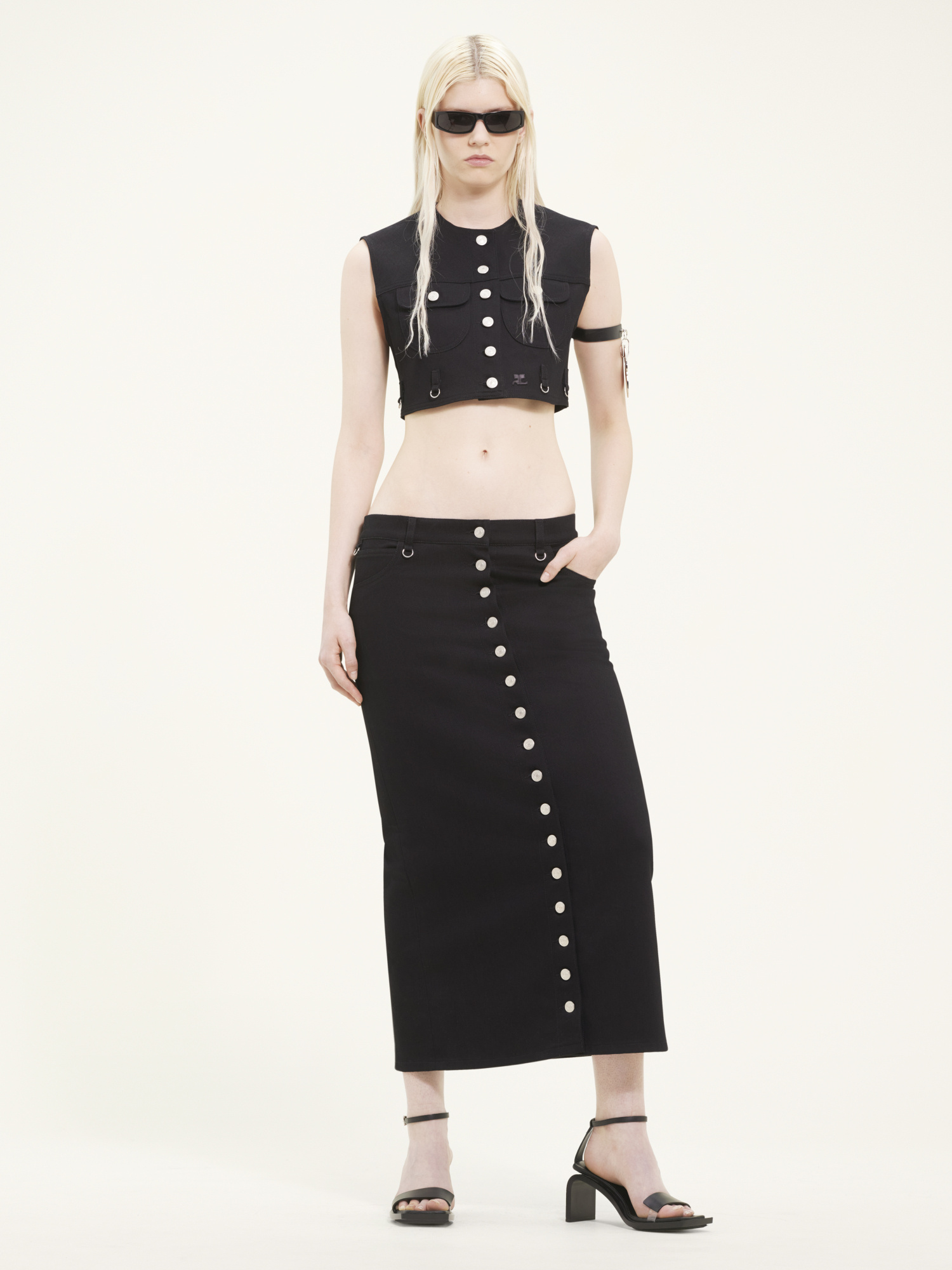 Shop Courrèges Multiflex Denim Midi Skirt In Black