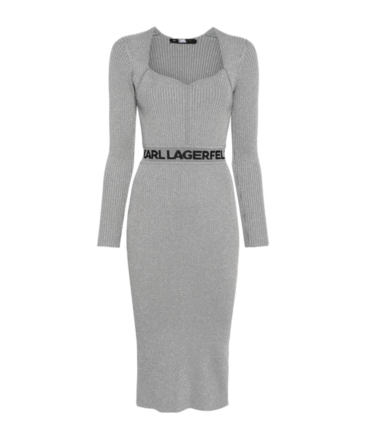 Shop Karl Lagerfeld Logo-waistband Lurex Midi Dress In Gray
