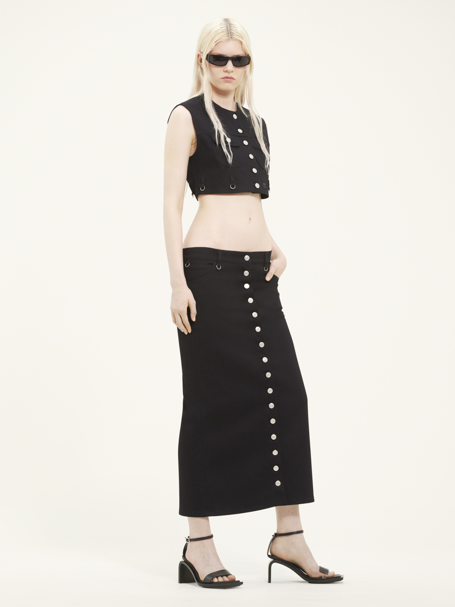 Shop Courrèges Multiflex Denim Midi Skirt In Black