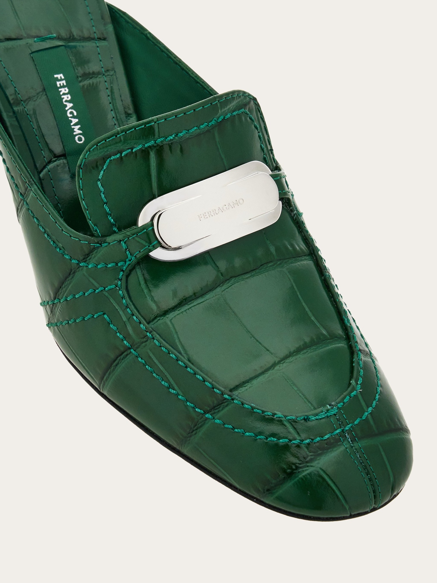 Ferragamo Eloyde 55 Croc-embossed Leather Mules In Green