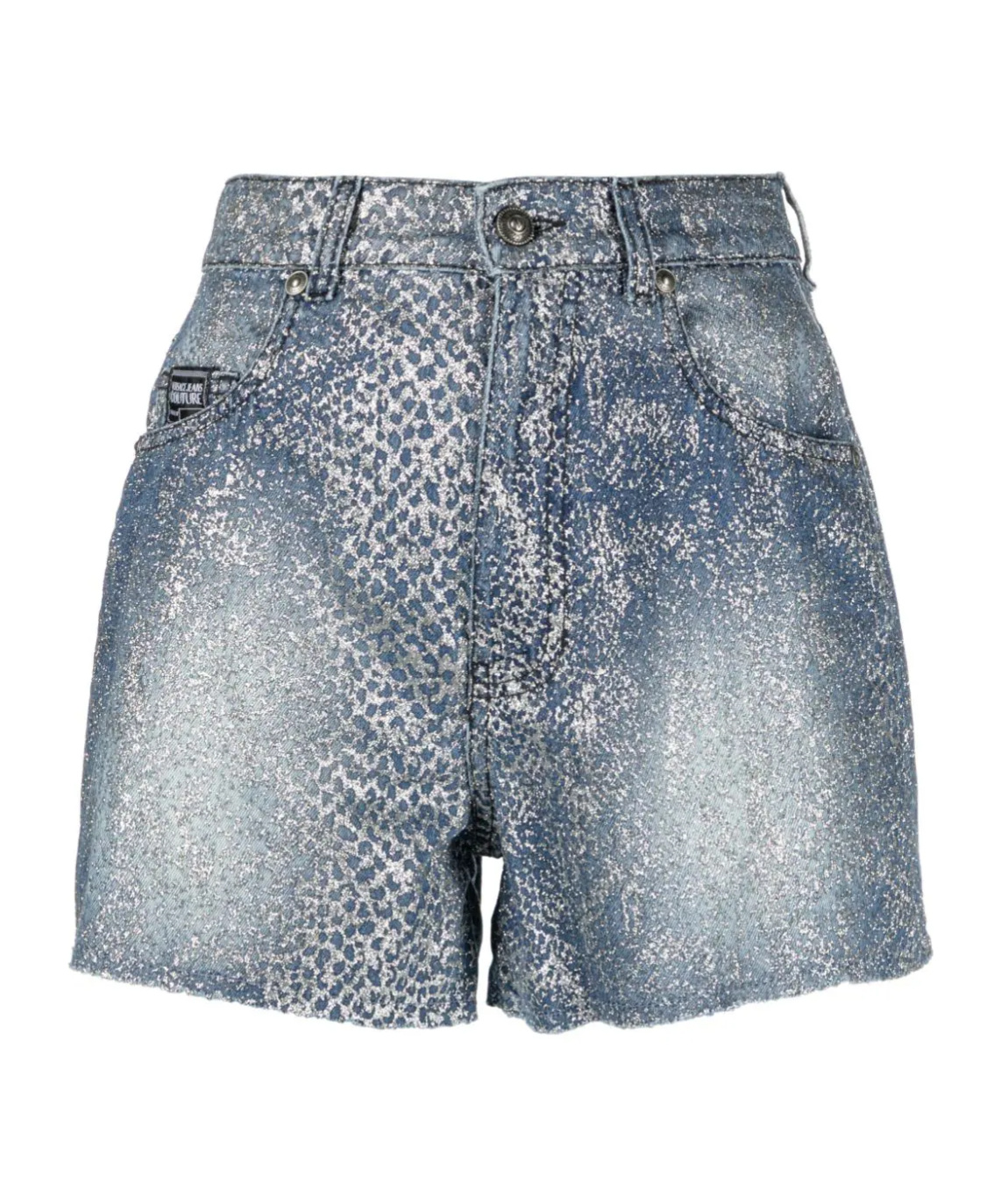 Versace Jeans Couture Snakeskin-effect High-waist Denim Shorts In Gray