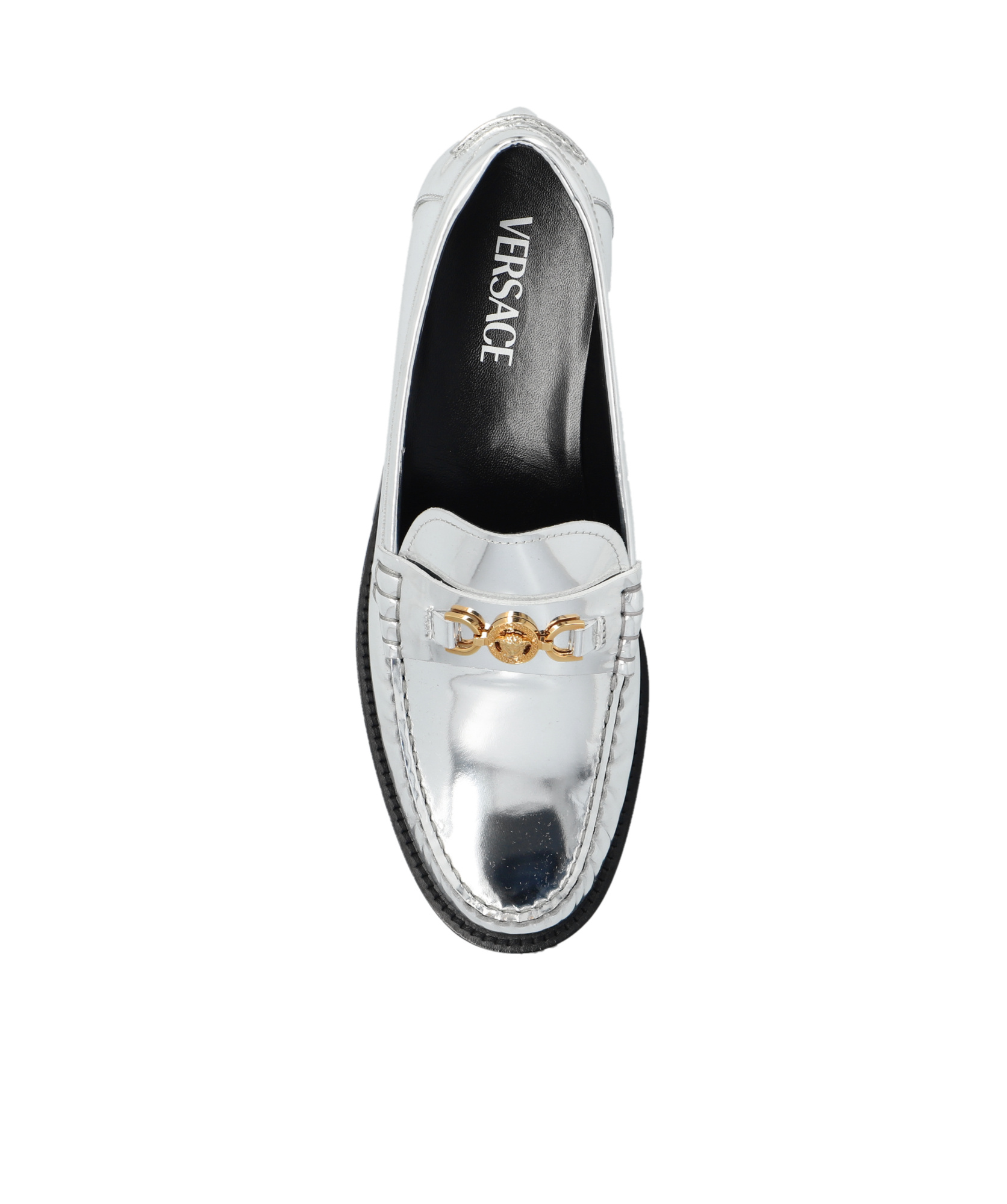 Versace Chain Detail Loafers With Metallic Finish In White
