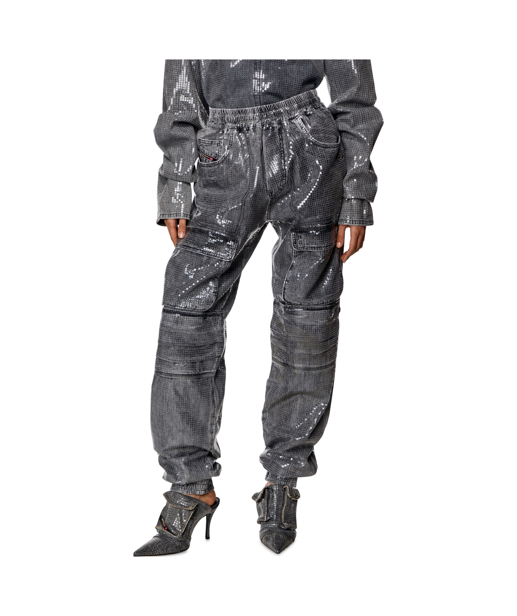 Diesel Cargo Jeans With Reflective Finish And Utility Pockets In Gray