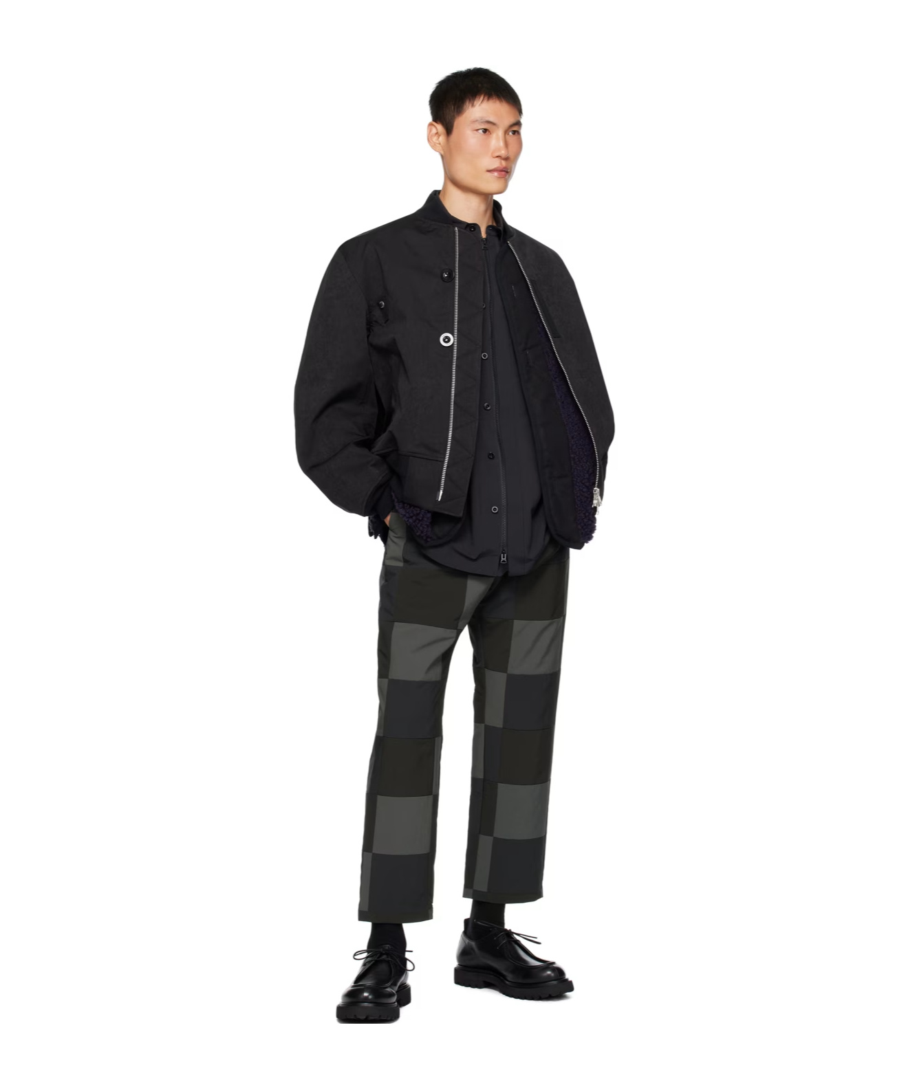 Sacai Checkerboard-print Cotton Chino Trousers In Black