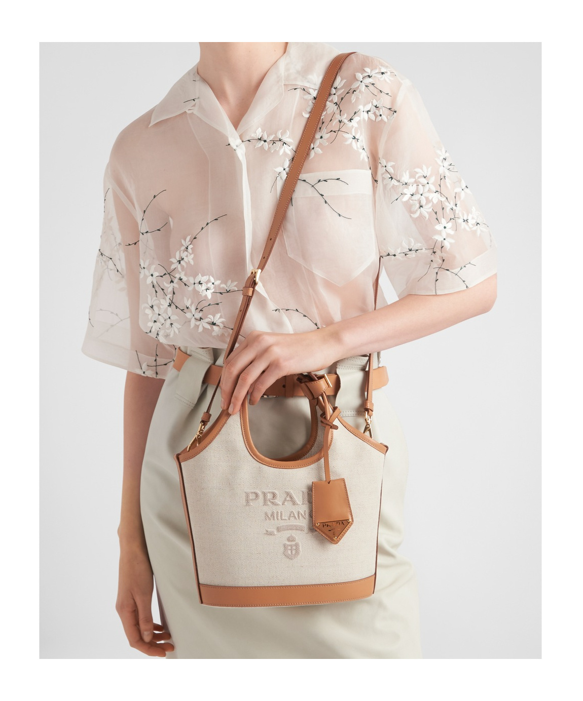 Shop Prada Linen Blend And Leather Mini-buckle Bag In Neutral Color