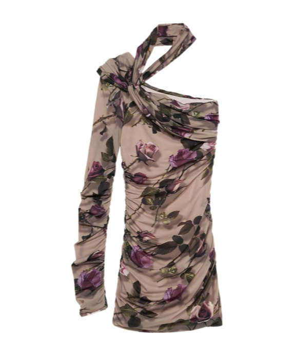 Blumarine Floral-print Single-sleeve Halterneck Minidress In Brown