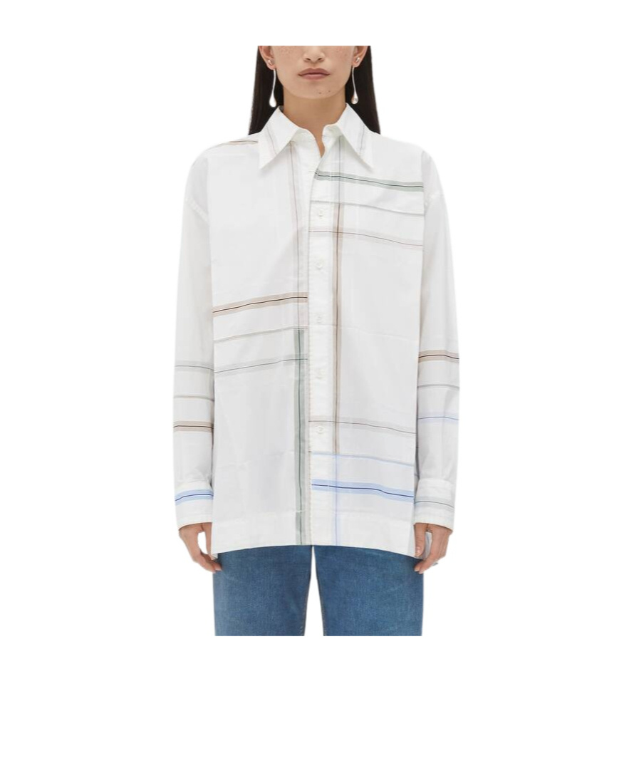 Bottega Veneta Womens White Blue Green Tau Checked Dropped-shoulder Relaxed-fit Cotton Shirt In White