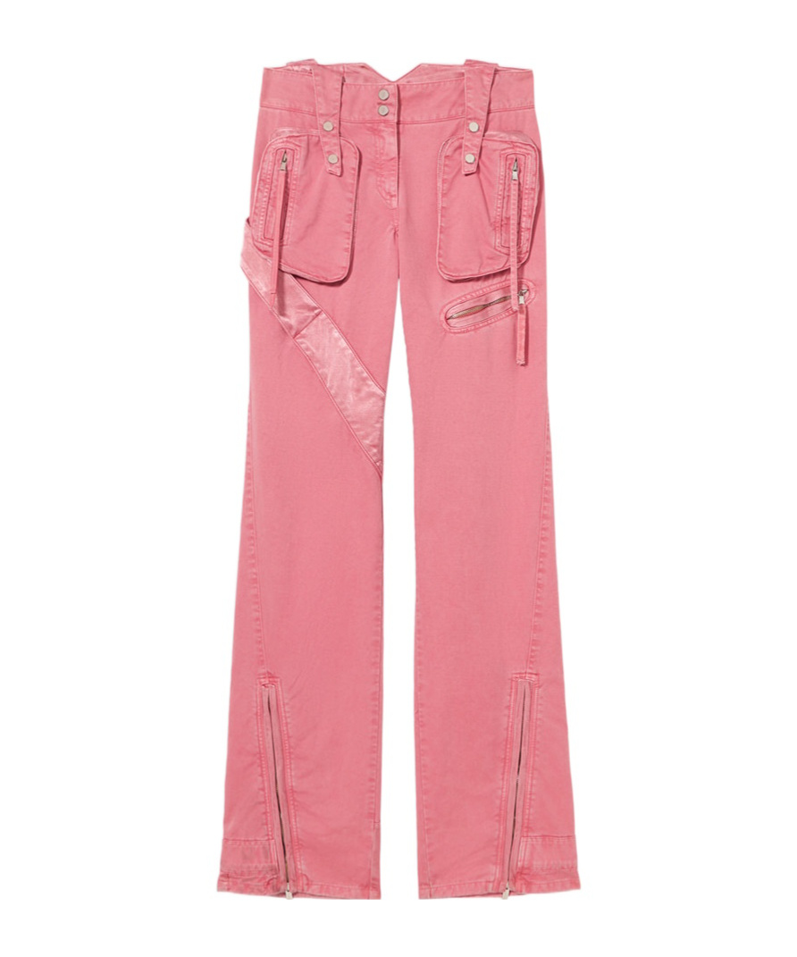 Blumarine Cotton Denim Cargo Flared Pants W/zips In Pink