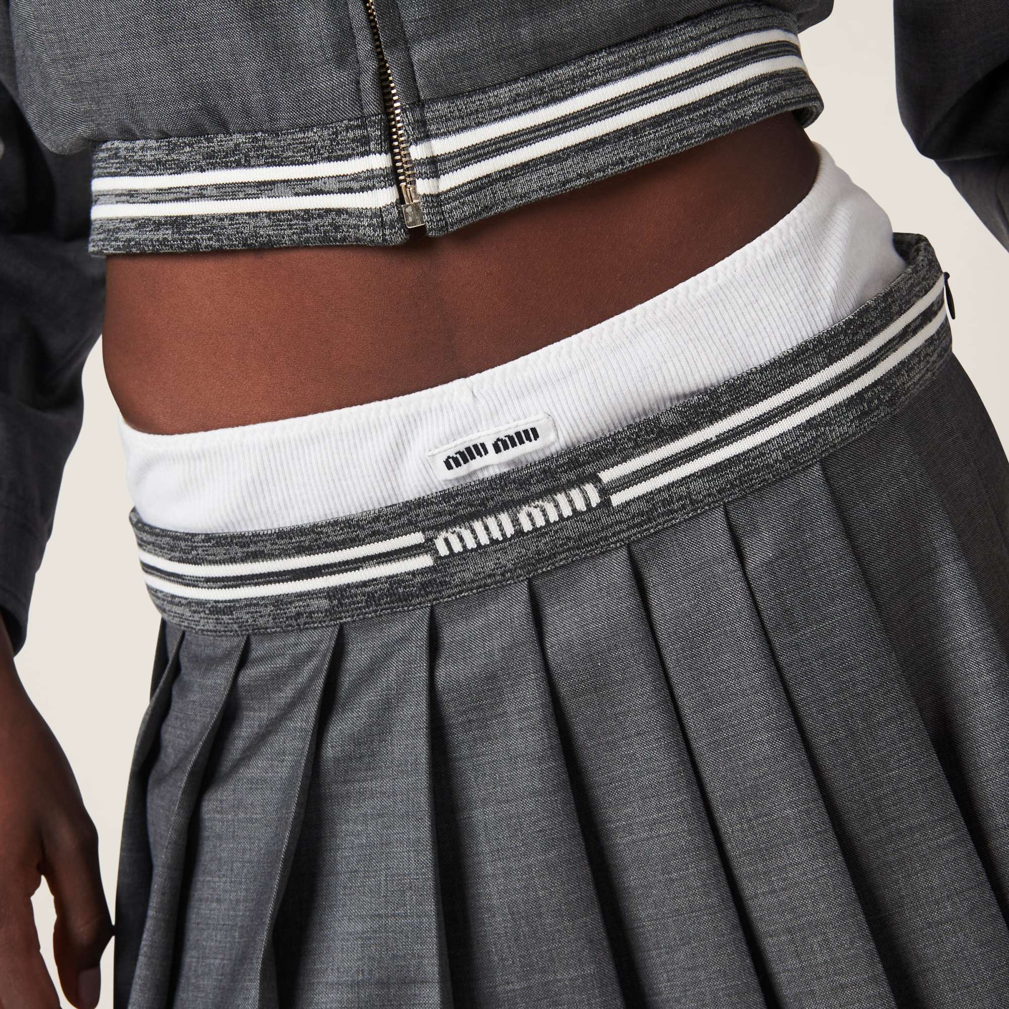 Miu Miu Gray Grisaille Pleated Miniskirt In Gray