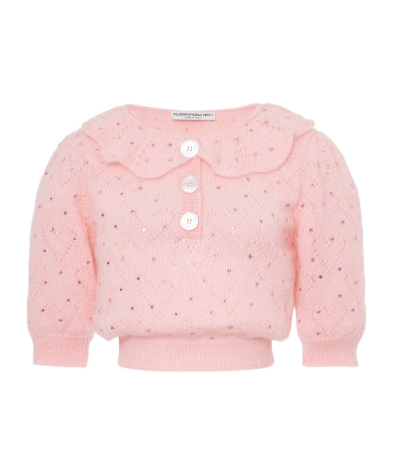 Alessandra Rich Embellished Short Puff Sleeved Knitted Top In Pink