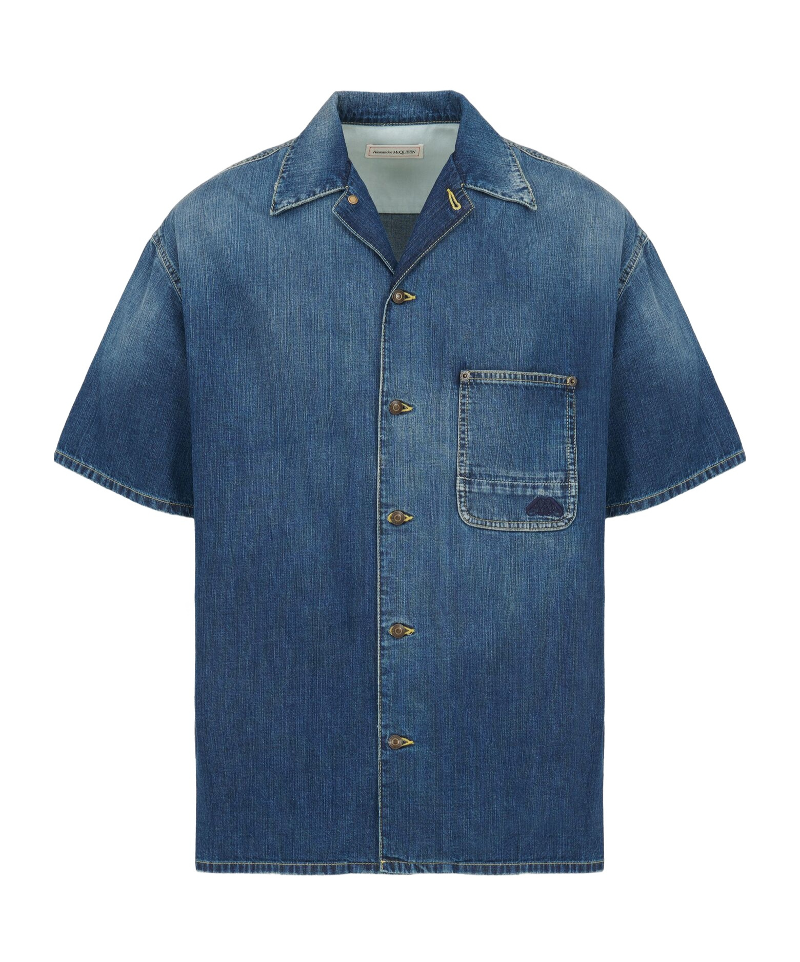 Alexander Mcqueen Blue Denim Effect Short Sleeve Shirt In Cotton Man In Blue