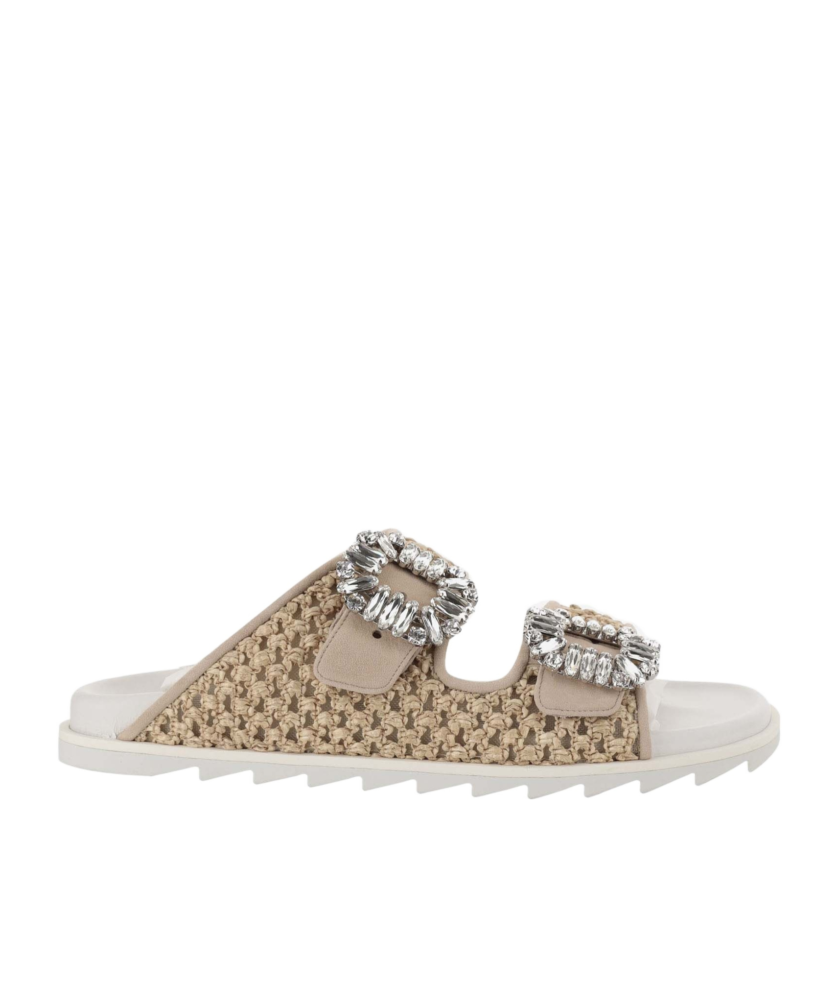 Roger Vivier Chic Raffia Slidy Flat With Rhinestone Buckle In Brown
