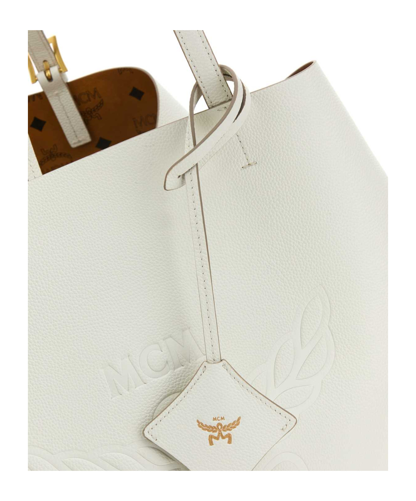 Mcm Logo Debossed Tote Bag In White