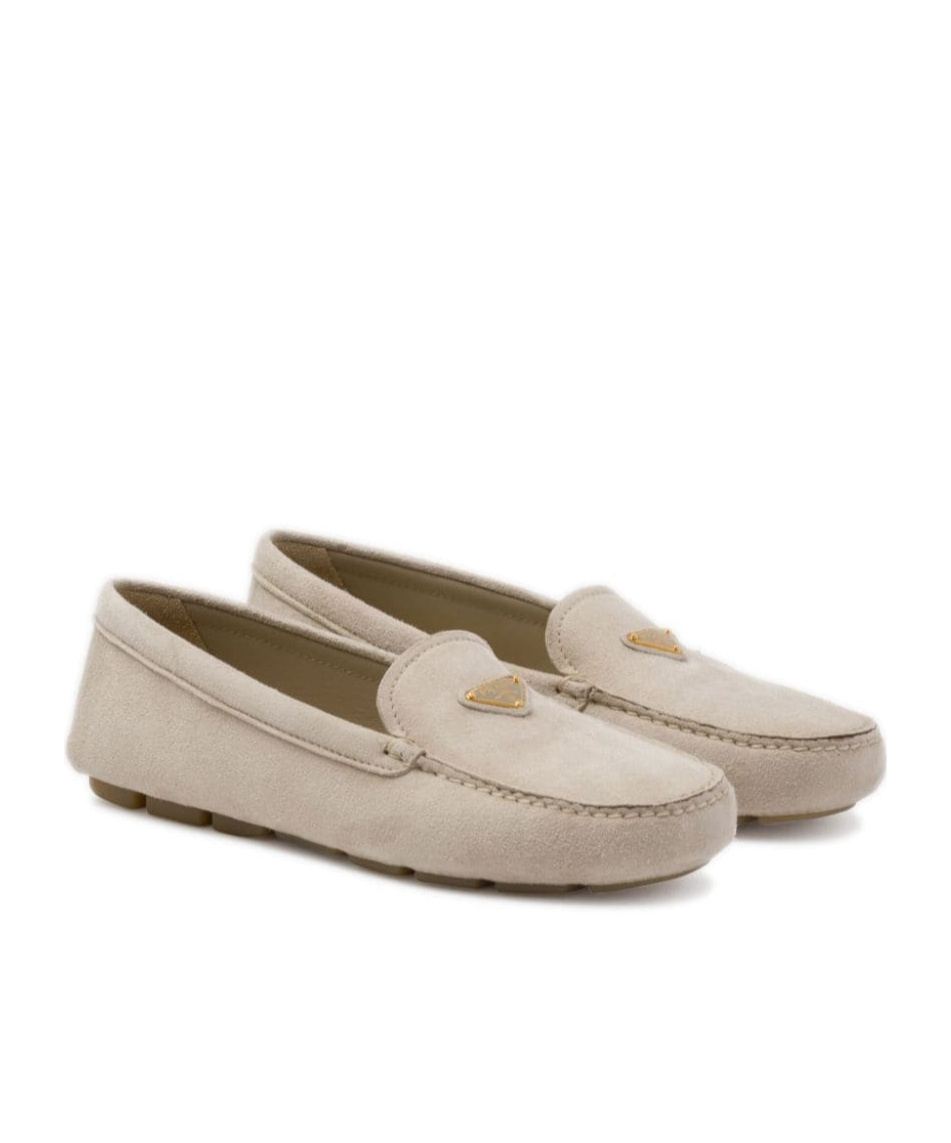 Prada Triangle Logo Suede Loafers In Nude