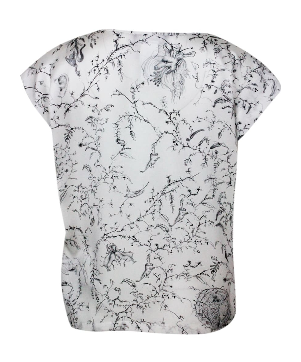 Fabiana Filippi Crew-neck, Short-sleeved, Oversized Silk Shirt With Branch Patterned Print In White
