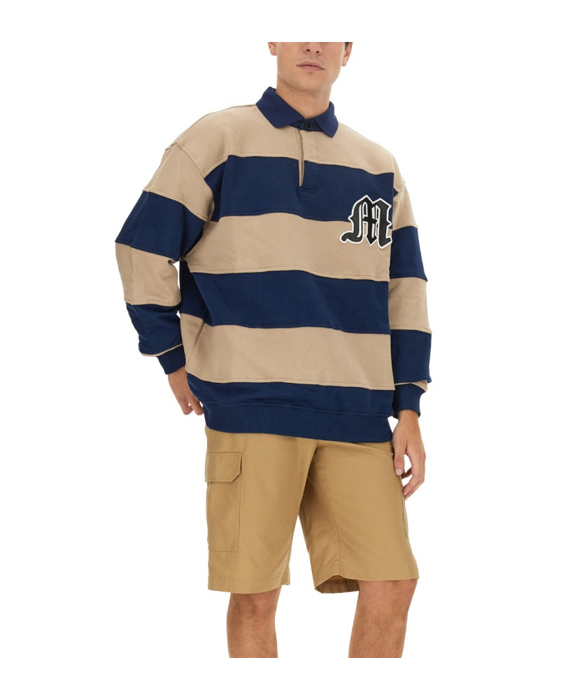 Msgm Logo Striped Polo Collar Sweatshirt In Nude