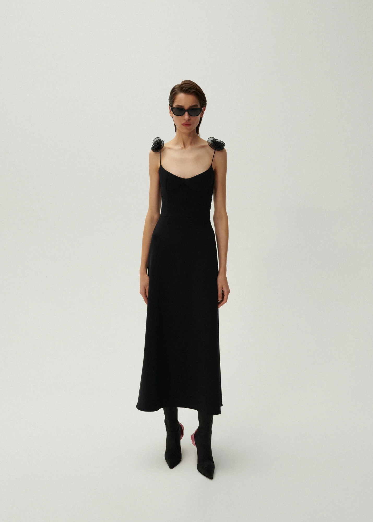 Magda Butrym Nylon Dress With Round Neckline And Floral Embellishments In Black