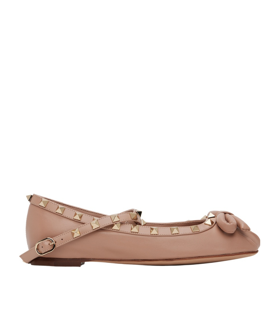 Shop Valentino Rockstud Leather Ballerina Shoes In Nude