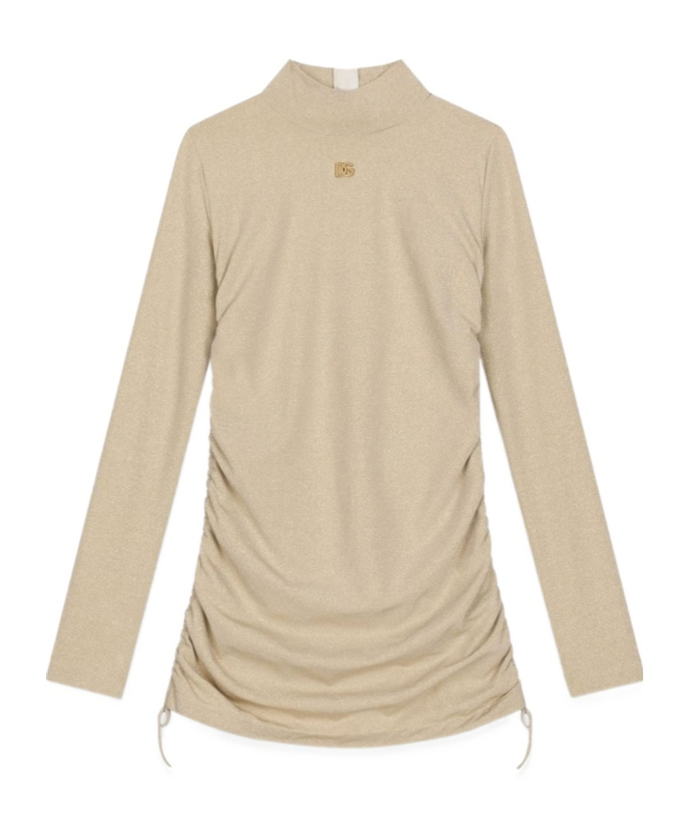 Dolce & Gabbana Logo-plaque Ruched Dress In Nude