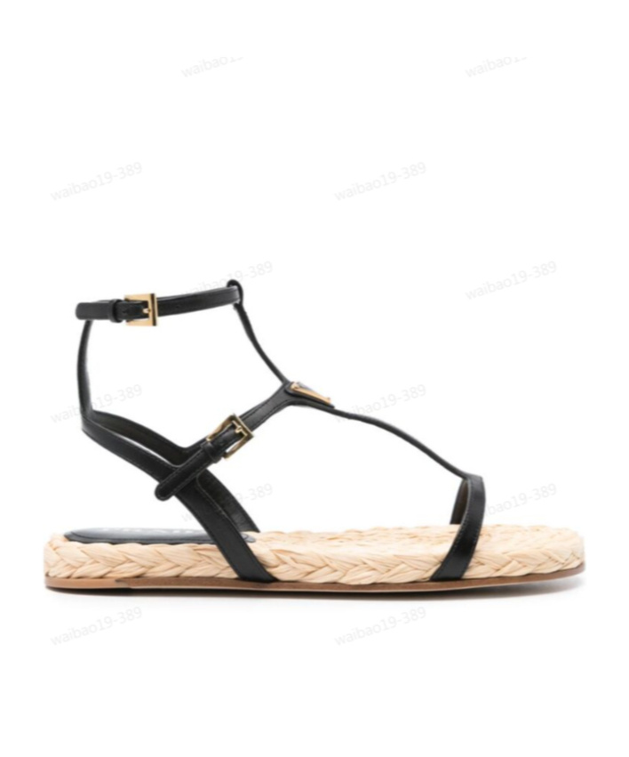 Prada Triangle-logo Leather Sandals In Black