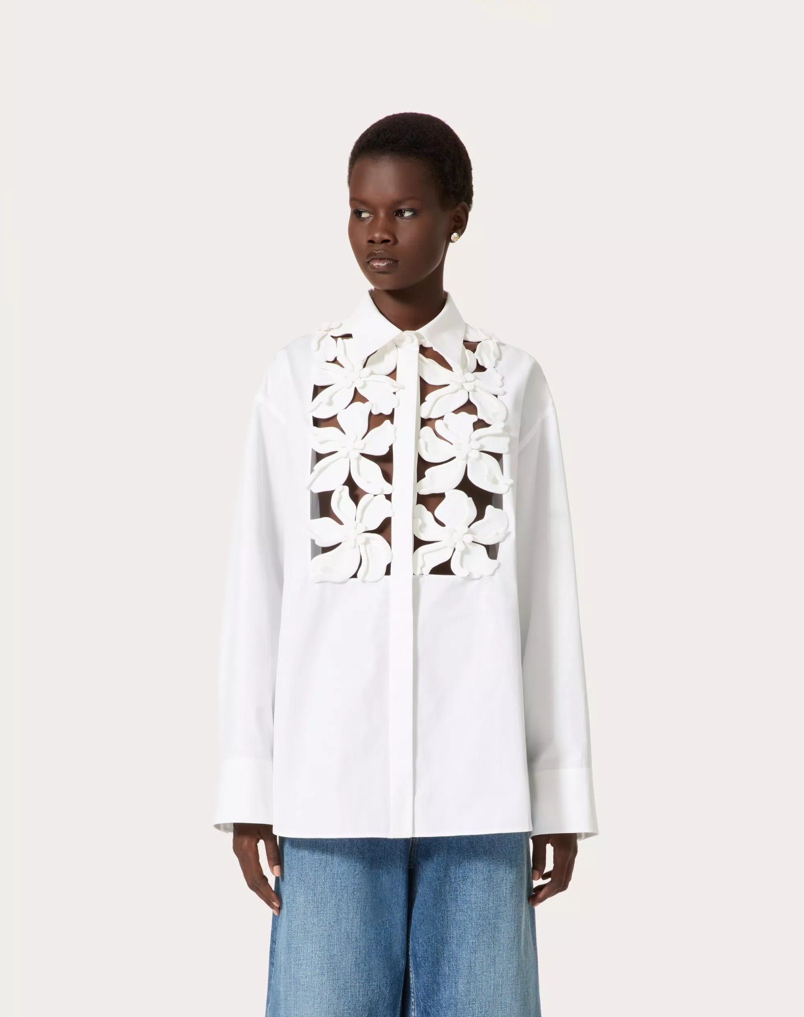Valentino Poplin Floral Button-front Shirt With Lasercut Bib In White