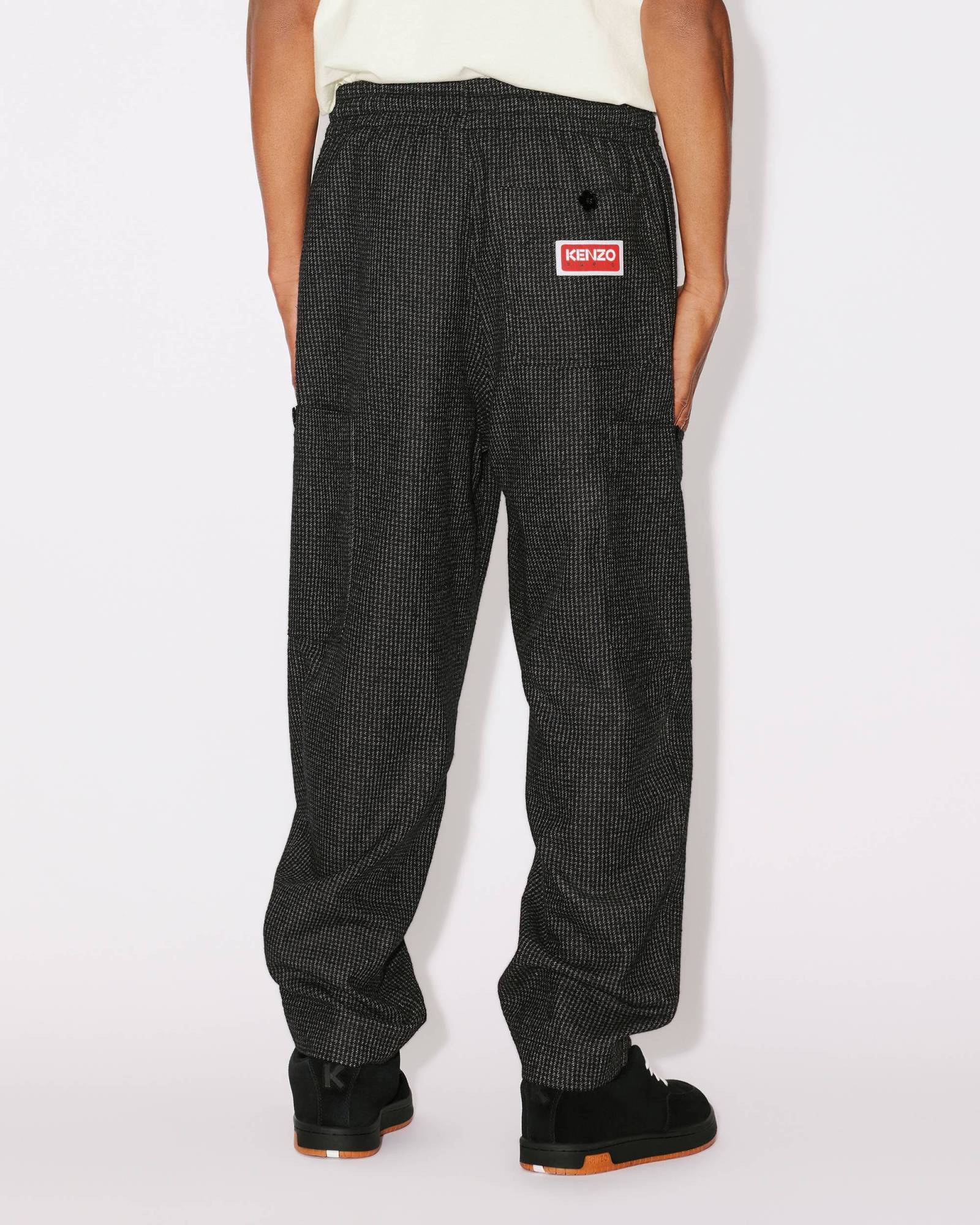 Kenzo Logo-patch Check-pattern Tapered Trousers In Black