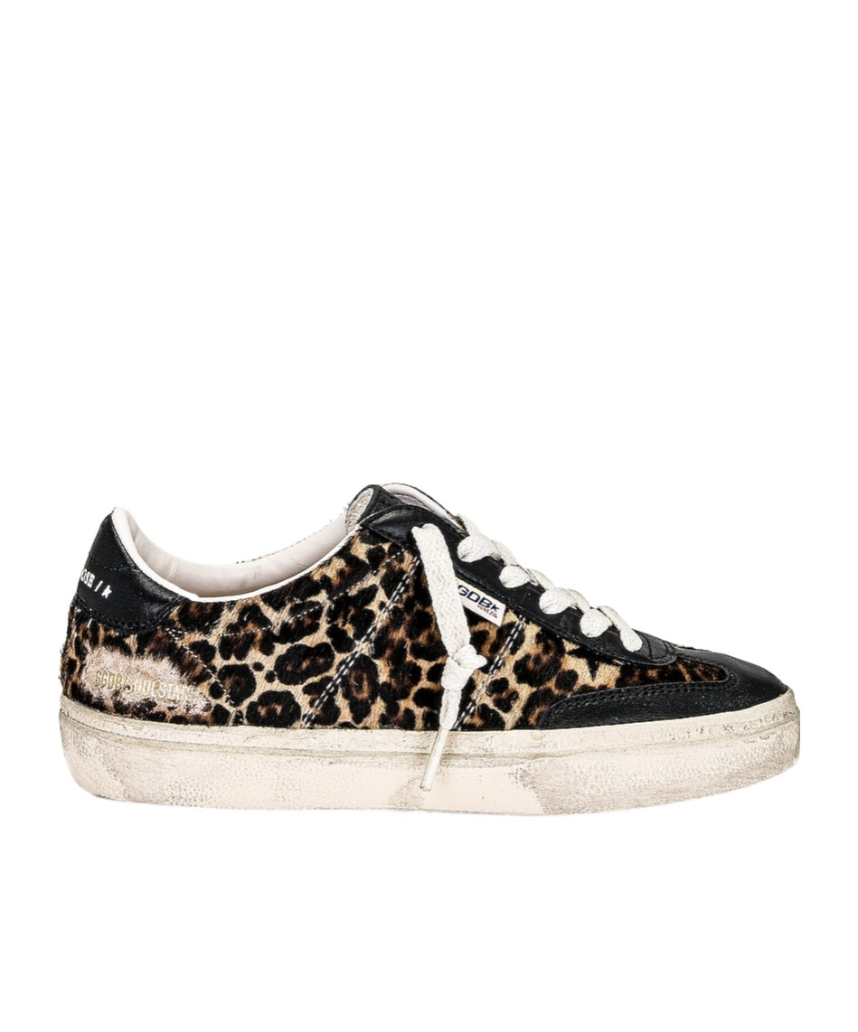 Golden Goose Soul-star Distressed Leather-trimmed Leopard-print Calf Hair Sneakers In White