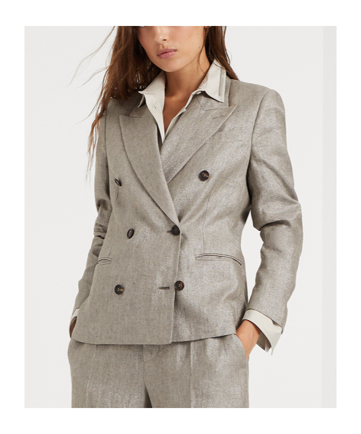 Brunello Cucinelli Double-breasted Jacket With Oversized Cut And Jewel Embroidery In Gray