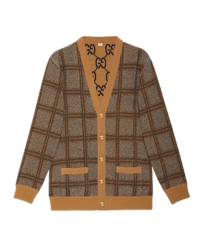 Gucci Beige Check And Gg Reversible Cardigan In Brown