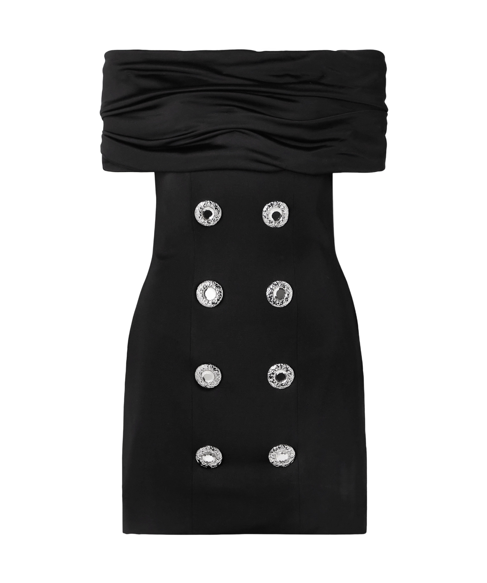 Balmain Off-the-shoulder Embellished Ruched Jersey And Cady Mini Dress In Black